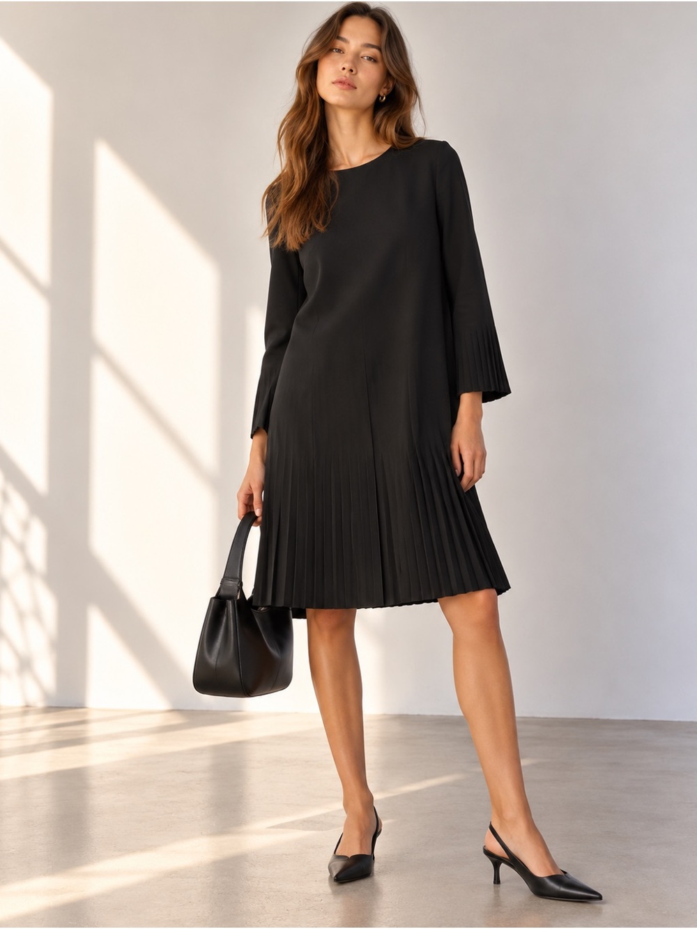 COS Black Long Sleeve Pleated Hem Minimalist Midi Shift Dress Size 6 Hem Fray